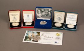 FIVE ROYAL COMMEMORATIVE SILVER PROOF COINS, comprising: EIGHTIETH BIRTHDAY CROWN, 2006, 40TH