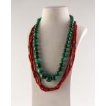 NECKLACE OF GRADUATED ROUND MALACHITE BEADS, 21in (53.3cm) long and a TRIPLE STRAND NECKLACE OF