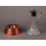 SHIP'S DECANTER STYLE CLARET JUG with electroplate mounts, hinged domed lid and scroll handle and