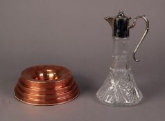 SHIP'S DECANTER STYLE CLARET JUG with electroplate mounts, hinged domed lid and scroll handle and