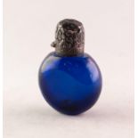 VICTORIAN BRISTOL BLUE GLASS PERFUME MOON FLASK, the silver coloured metal hinged lid repousse