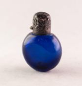 VICTORIAN BRISTOL BLUE GLASS PERFUME MOON FLASK, the silver coloured metal hinged lid repousse