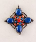 STERLING SILVER (925) LARGE QUATREFOIL PENDANT, set with lapis lazuli and coral, 2 1/2in (6.3cm)