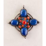 STERLING SILVER (925) LARGE QUATREFOIL PENDANT, set with lapis lazuli and coral, 2 1/2in (6.3cm)