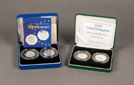 PIEDFORT 50p TWO COIN SILVER PROOF SET, 1992-1993 and 1998, (25th Anniversary of the EEC),