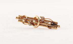 15ct GOLD TRIPLE BAR BROOCH with centre C scroll and entwined fruiting vine set with seed pearls,