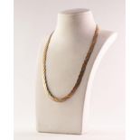 9ct THREE COLOUR GOLD CHOKER NECKLACE with entwined flat strands, trigger clasp, 16 in (40.6cm)