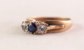 9ct GOLD RING set with a centre blue stone flanked by two white stones, 3.5 gms, ring size Q/R,