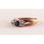 9ct GOLD RING set with a centre blue stone flanked by two white stones, 3.5 gms, ring size Q/R,