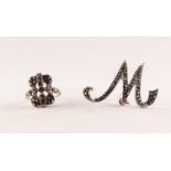 SILVER AND MARCASITE SCRIPT LETTER 'M' BROOCH, 4cm wide and a 9ct GOLD AND SILVER RING with