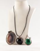 SILVER (925) AND CABOCHON CIRCULAR MALACHITE PENDANT , a SILVER AND CABOCHON DARK BROWN AGATE