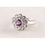 9ct WHITE GOLD CLUSTER RING collet set with a circular centre amethyst and surround of ten small