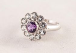 9ct WHITE GOLD CLUSTER RING collet set with a circular centre amethyst and surround of ten small