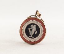 WEDGWOOD THREE COLOUR JASPER WARE CIRCULAR PENDANT, in rolled gold frame, 1in (2.5cm) diameter