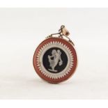 WEDGWOOD THREE COLOUR JASPER WARE CIRCULAR PENDANT, in rolled gold frame, 1in (2.5cm) diameter