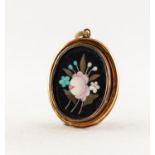 VICTORIAN PIETRA DURA BLACK AND FLORAL OVAL PENDANT in gold coloured metal frame, with top hinged