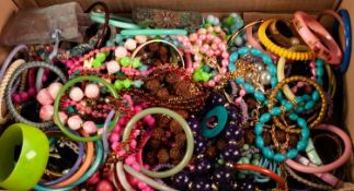LARGE SELECTION OF BRIGHTLY COLOURED PLASTIC AND OTHER COSTUME JEWELLERY, mainly bead necklaces
