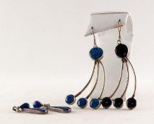 PAIR OF SILVER AND LAPIS LAZULI TRIPLE STRAND LARGE EARRINGS and ANOTHER PAIR, tear shaped (4)