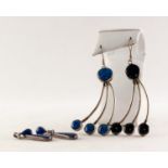 PAIR OF SILVER AND LAPIS LAZULI TRIPLE STRAND LARGE EARRINGS and ANOTHER PAIR, tear shaped (4)