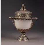 TWO HANDLED ELECTROPLATE MOUNTED FROSTED GLASS DISH AND COVER, the domed cover with fancy finial and