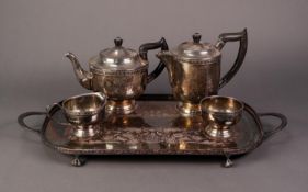 FOUR PIECE ?ALPHA PLATE? TEA SET, and a SILVER PLATED ON COPPER TWO HANDLED ROUNDED OBLONG GALLERIED