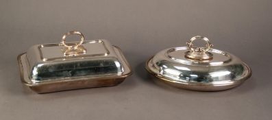 TWO ELECTROPLATED ENTRÉE DISHES WITH REMOVABLE HANDLES AND REEDED BORDERS, one oblong, the other