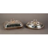 TWO ELECTROPLATED ENTRÉE DISHES WITH REMOVABLE HANDLES AND REEDED BORDERS, one oblong, the other