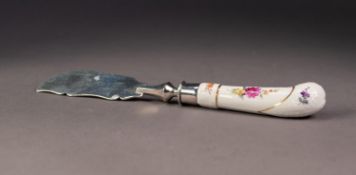 VICTORIAN SILVER BLADED CHEESE OR BUTTER KNIFE WITH FLORAL PAINTED PORCELAIN PISTOL GRIP HANDLE,