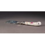 VICTORIAN SILVER BLADED CHEESE OR BUTTER KNIFE WITH FLORAL PAINTED PORCELAIN PISTOL GRIP HANDLE,