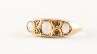 18ct GOLD RING set with three opals and two pairs of tiny diamonds, 1.9gms, ring size I