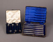 CASED SET OF SIX BLACK BEAN TOP SILVER COFFEE SPOONS BY WALKER & HALL, Sheffield 1960, together with