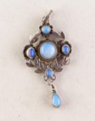 VICTORIAN SILVER COLOURED METAL OPENWORK PENDANT set with a centre circular cabochon opal, four