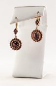 PAIR OF CONTINENTAL GOLD COLOURED METAL AND GARNET CLUSTER DROP EARRINGS