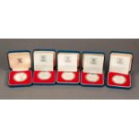 FIVE ?QUEENS SILVER JUBILEE? SILVER PROOF CROWN COINS, four supplied with booklet and all cased