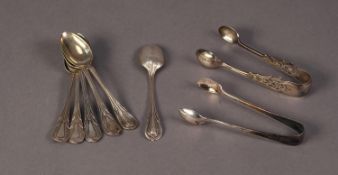 GEORGE V SET OF SIX SILVER TEASPOONS, with leaf engraved tops, London 1911, together with TWO