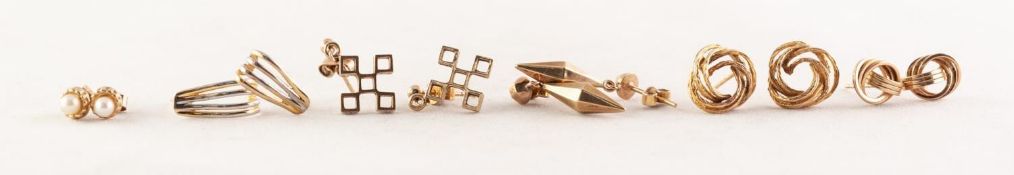 PAIR OF 9ct GOLD STUD EARRINGS each set with a small pearl; 2 PAIRS OF 9ct GOLD DROP EARRINGS and