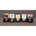 FIVE 50p SILVER PROOF COINS, comprising: PIEDFORT, 1998, (NHS), 1998, 1992-1993, 2005 (Samuel