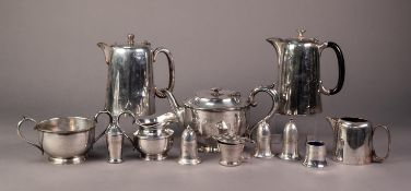 MIXED LOT OF ELECTROPLATE, to include: JAMES DIXON & SON THREE PIECE CIRCULAR TEA SET, TWO HOTEL