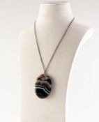 LARGE OVAL SILVER FRAMED BANDED AGATE PENDANT, 2in (5cm) on silver FINE CHAIN NECKLACE