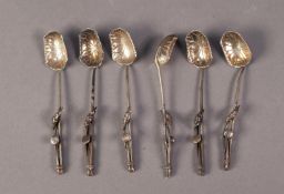 FANCY SET OF SIX UNMARKED SILVER COLOURED METAL COFFEE SPOONS, each with embossed leaf shaped bowl