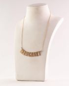 9ct GOLD FINE CHAIN NECKLACE with curved wire pattern front fringed by the name 'Margaret', in