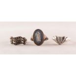 SILVER RING collet set with a Wedgwood pale blue and white jasper ware cameo; a triple strand