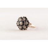 9ct GOLD, TINY DIAMOND AND SAPPHIRE DAISY CLUSTER RING set with a tiny centre diamond and surround