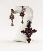 SILVER CROSS PENDANT set with garnet, 2in (5cm) high and a PAIR OF SILVER AND GARNET CLUSTER DROP