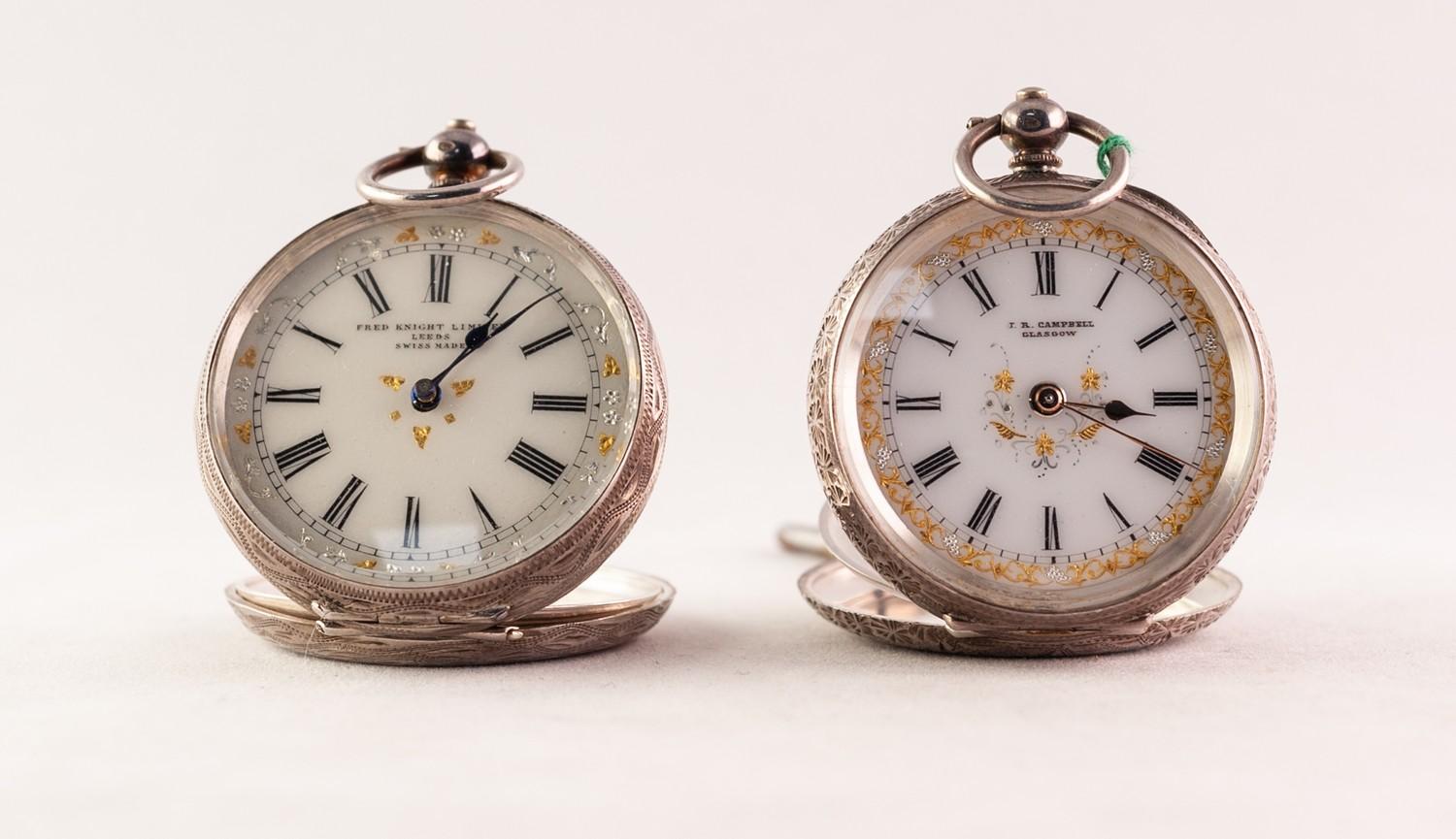 TWO LADY'S KEY WIND SWISS SILVER CASED FOB WATCHES, circa 1900, 0.935 purity, (2)