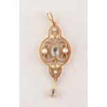 EDWARDIAN 15ct GOLD OPEN WORK SCROLL PENDANT set with a centre oval aquamarine and seed pearls and