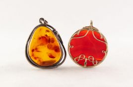 CRAFT SILVER AND GOLDEN AMBER LARGE TEAR SHAPED PENDANT and an OVAL AGATE PENDANT in rolled gold