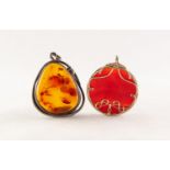 CRAFT SILVER AND GOLDEN AMBER LARGE TEAR SHAPED PENDANT and an OVAL AGATE PENDANT in rolled gold