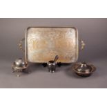 MIXED LOT OF ELECTROPLATE, to include: OBLONG TWO HANDLED GALLERIED TRAY with chased centre, 16? x