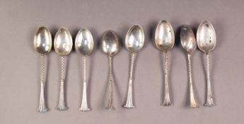 LATE VICTORIAN SET OF EIGHT SILVER TEASPOONS with twisted handles and volute scroll tops, Birmingham